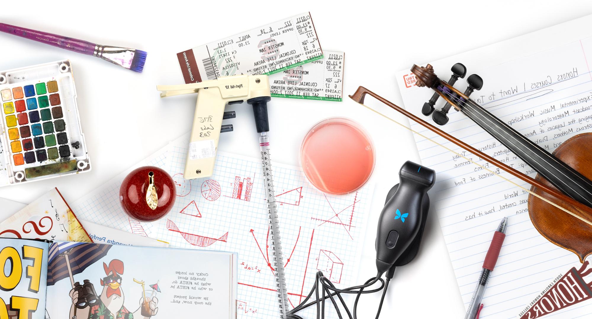 A collection of items, including a violin, movie tickets, writing utensils, and drawings on graph paper, that represent the colleges at the university.